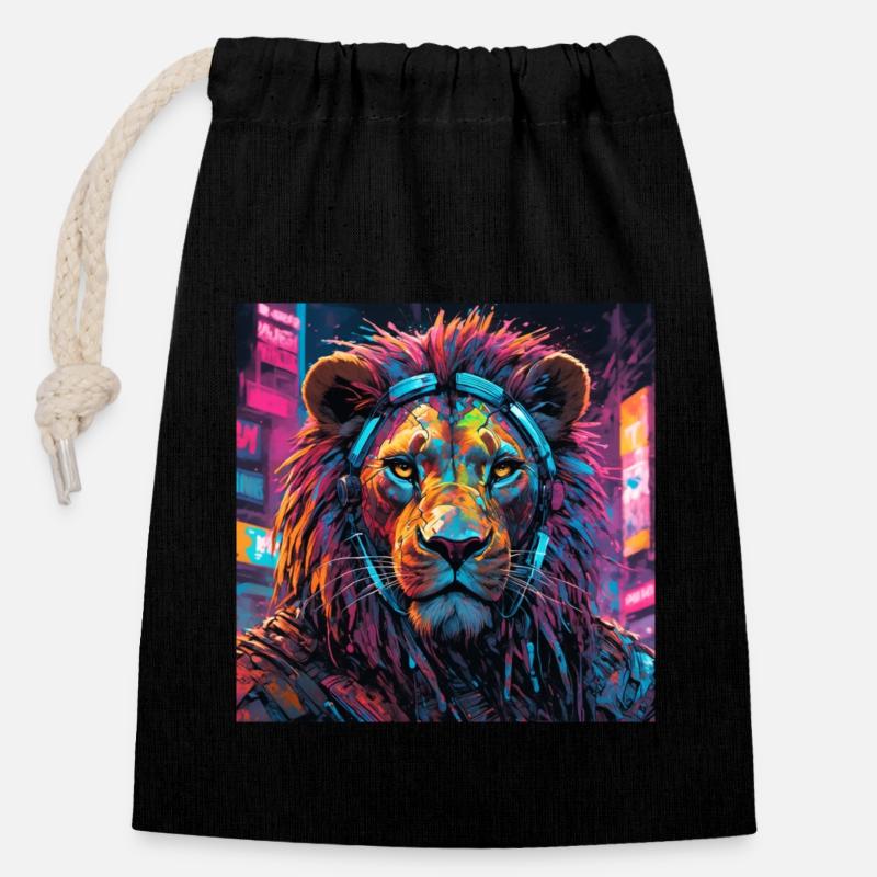 Lion Cyberpunk - Closable cotton gift bag (14x20cm) - black