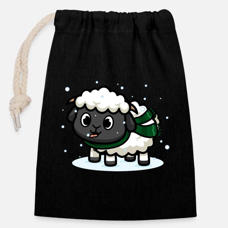 Moutons d’hiver - Sac cadeau en coton avec cordon (14 x 20 cm) - noir