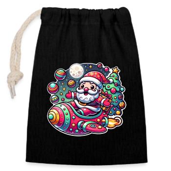 Funny Santa Claus comes with the spaceship - Closable cotton gift bag (14x20cm) - black - Front