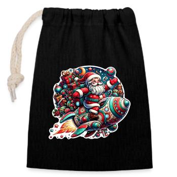 Funny Santa Claus comes with the spaceship - Closable cotton gift bag (14x20cm) - black - Front