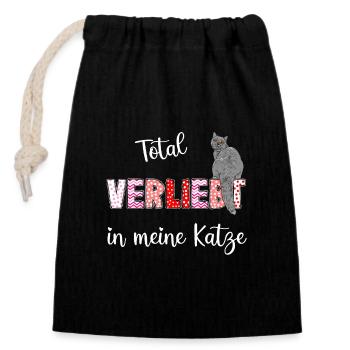 Verliebt in meine Katze, süßes Katzenmotiv - Verschließbarer Geschenkbeutel aus Baumwolle (14x20cm) - Schwarz - Vorne
