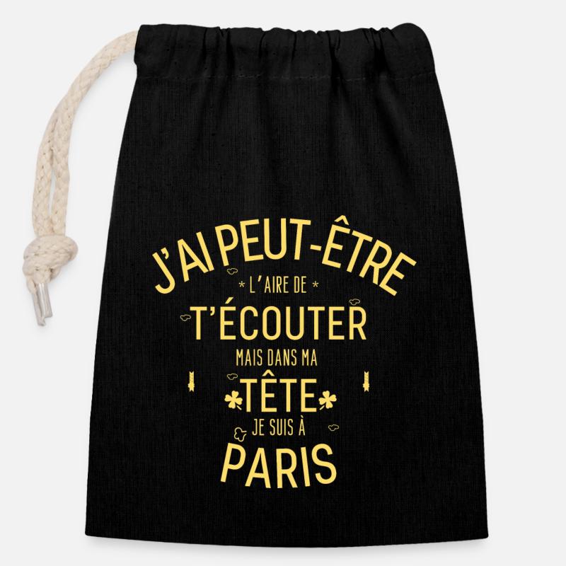 Dans ma Tête je suis à paris - Sac cadeau en coton avec cordon (14 x 20 cm) - noir