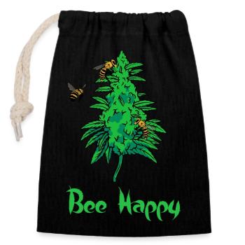 Bee Happy Cannabis - Lustiges Geschenk für Weed-Liebhaber - Verschließbarer Geschenkbeutel aus Baumwolle (14x20cm) - Schwarz - Vorne