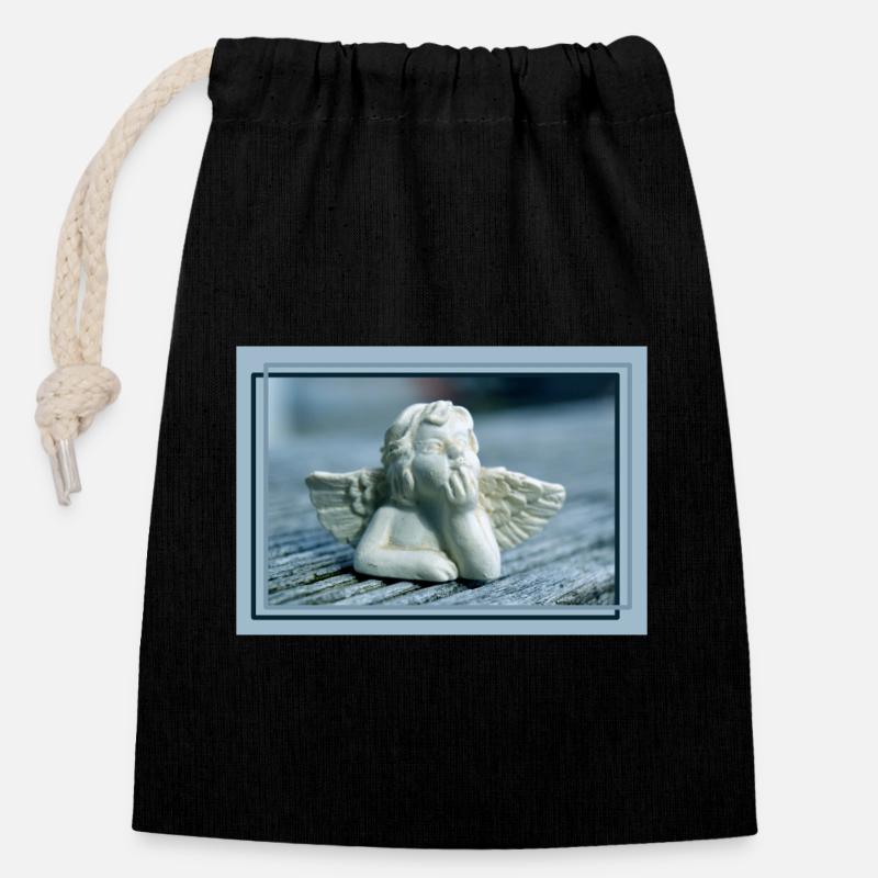 Ange en bleu - Sac cadeau en coton avec cordon (14 x 20 cm) - noir