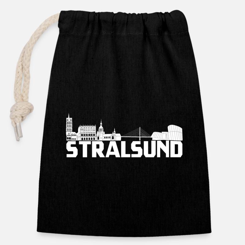 Hansestadt Stralsund Silhouette Skyline Ozeaneum W - Verschließbarer Geschenkbeutel aus Baumwolle (14x20cm) - Schwarz