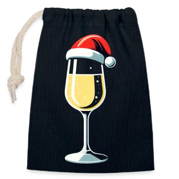 Festliches Weinglas mit Weihnachtsmütze - Verschließbarer Geschenkbeutel aus Baumwolle (14x20cm) - Navy - Vorne