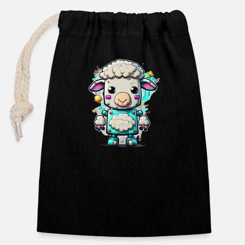 Robot Mouton - Sac cadeau en coton avec cordon (14 x 20 cm) - noir