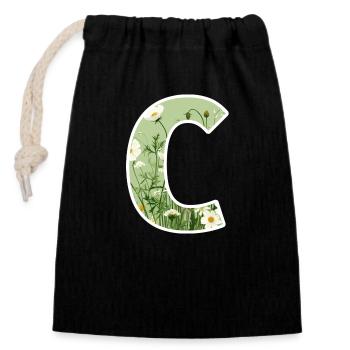 Letter C, Monogram, Floral Pattern - Closable cotton gift bag (14x20cm) - black - Front