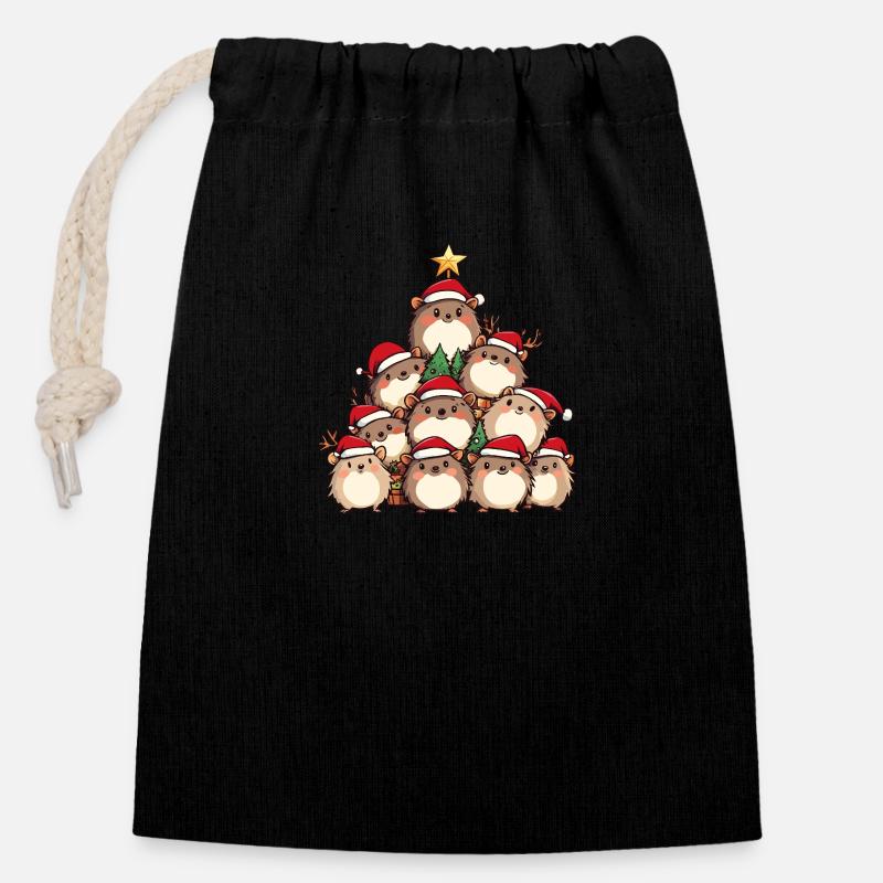 Igel Weihnachten Christbaum - Verschließbarer Geschenkbeutel aus Baumwolle (14x20cm) - Schwarz