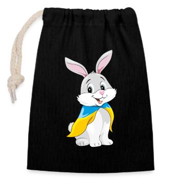 Un mignon lapin souriant porte un drapeau ukrainien - Sac cadeau en coton avec cordon (14 x 20 cm) - noir - Devant