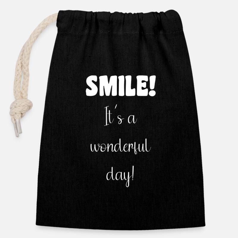 Smile! It´s a wonderful day! - Verschließbarer Geschenkbeutel aus Baumwolle (14x20cm) - Schwarz