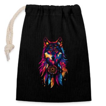 Wolf with dream catcher - Closable cotton gift bag (14x20cm) - black - Front