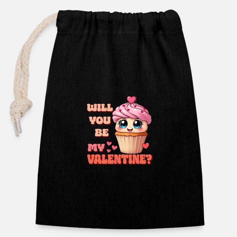 Cupcake - Will you be my Valentine - Closable cotton gift bag (14x20cm) - black