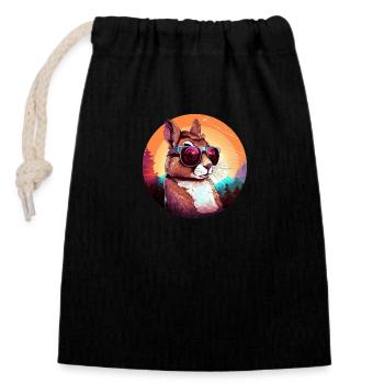 Lapin cool au coucher du soleil: Lapin étonné avec So - Sac cadeau en coton avec cordon (14 x 20 cm) - noir - Devant