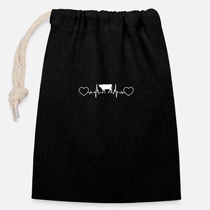 Cœur - Battement de cœur - Vache - Hashtag - Sac cadeau en coton avec cordon (14 x 20 cm) - noir