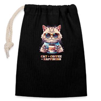 Cat Plus Coffee is Happiness - Closable cotton gift bag (14x20cm) - black - Front