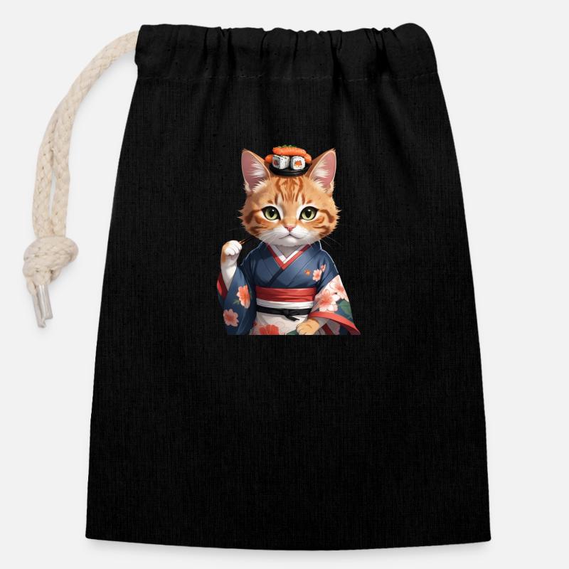 Sushi Cat Katze Japan - Verschließbarer Geschenkbeutel aus Baumwolle (14x20cm) - Schwarz