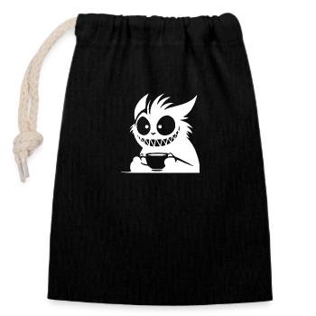 Chat en voyage café avec tasse et look fou - Sac cadeau en coton avec cordon (14 x 20 cm) - noir - Devant