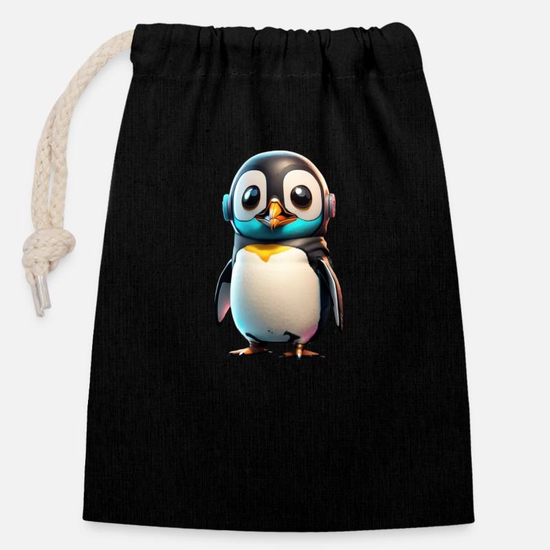Robot Penguin - Closable cotton gift bag (14x20cm) - black