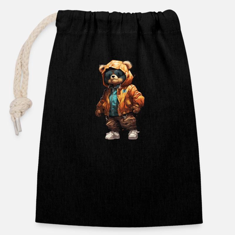cute cool teddy bear hip hop Illustration Design - Verschließbarer Geschenkbeutel aus Baumwolle (14x20cm) - Schwarz