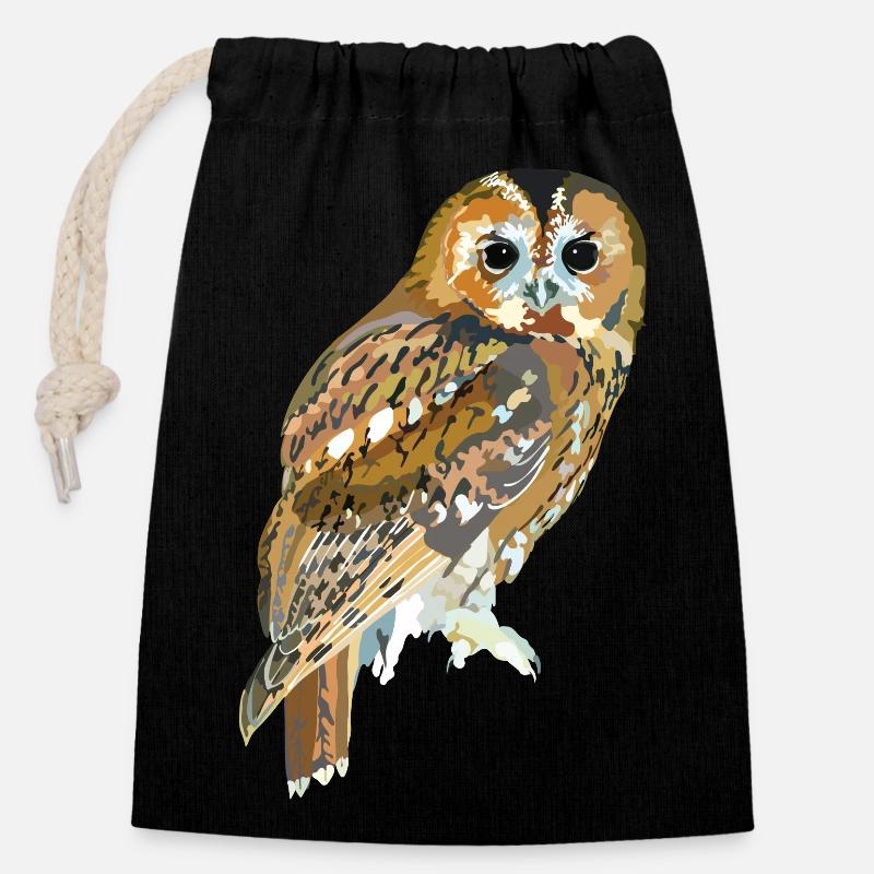 Tawny owl - Closable cotton gift bag (14x20cm) - black