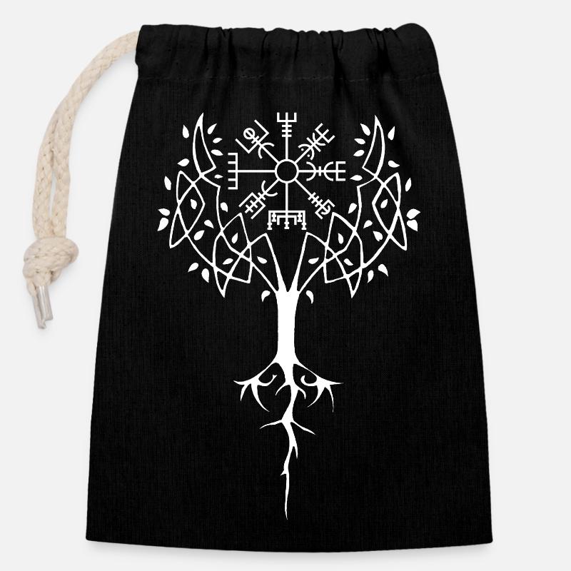 Arbre de vie blanc et boussole viking - Sac cadeau en coton avec cordon (14 x 20 cm) - noir