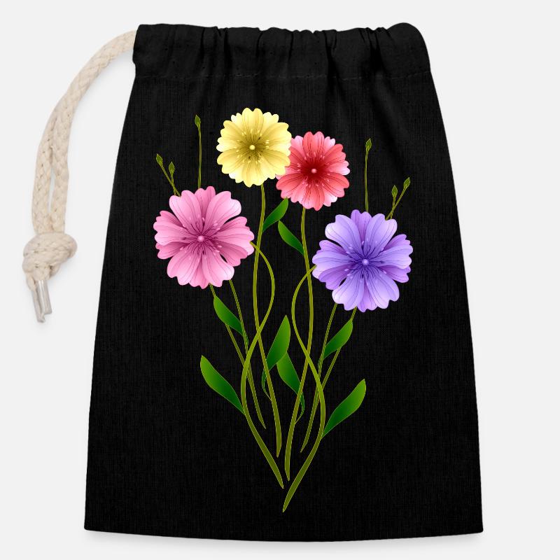 Blumen - Verschließbarer Geschenkbeutel aus Baumwolle (14x20cm) - Schwarz