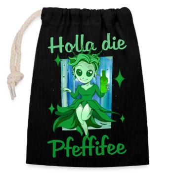 Holla die Pfeffifee Pfefferminz Likör Saufen JGA - Verschließbarer Geschenkbeutel aus Baumwolle (14x20cm) - Schwarz - Vorne