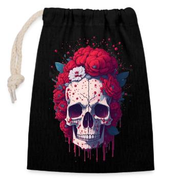 Crâne à fleurs rouges - Sac cadeau en coton avec cordon (14 x 20 cm) - noir - Devant