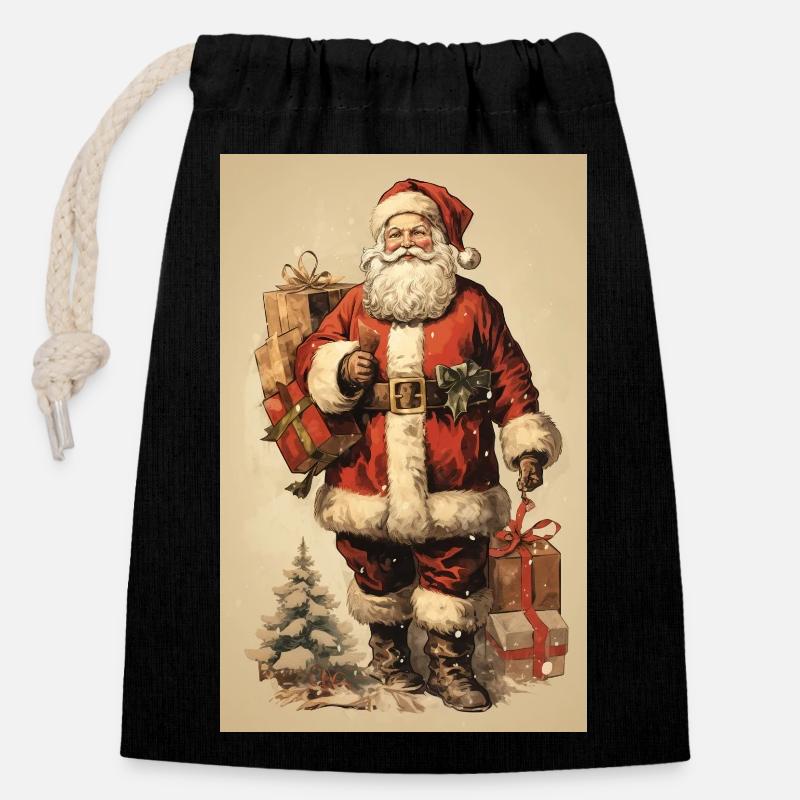 Carte postale du Père Noël vintage - Sac cadeau en coton avec cordon (14 x 20 cm) - noir