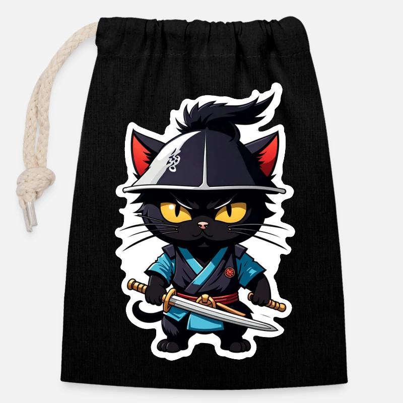 Ninja Cat - Samurai Kitten - Closable cotton gift bag (14x20cm) - black