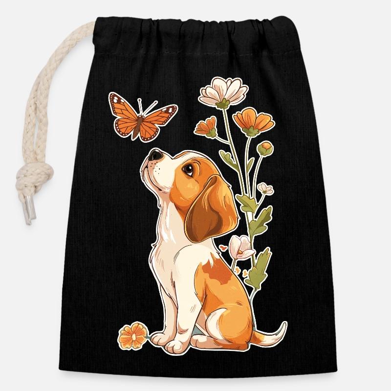 Beagle et papillon - Sac cadeau en coton avec cordon (14 x 20 cm) - noir