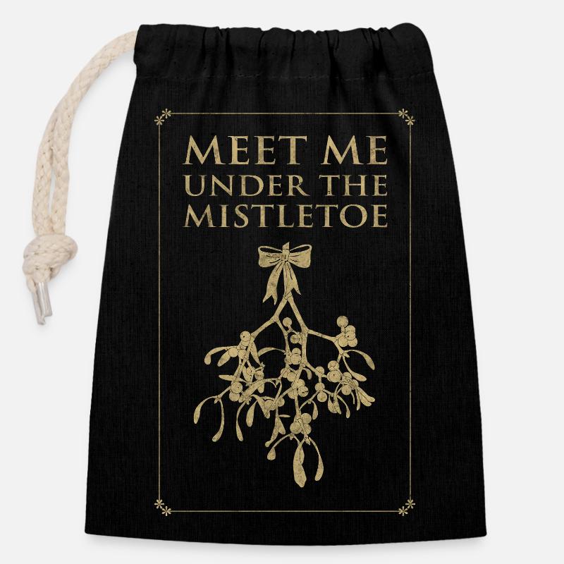 Meet Me Under the Mistletoe - Retro Style in Gold - Closable cotton gift bag (14x20cm) - black