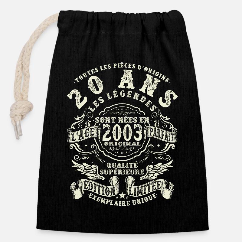 20 ans - anniversaire 2003 - Sac cadeau en coton avec cordon (14 x 20 cm) - noir