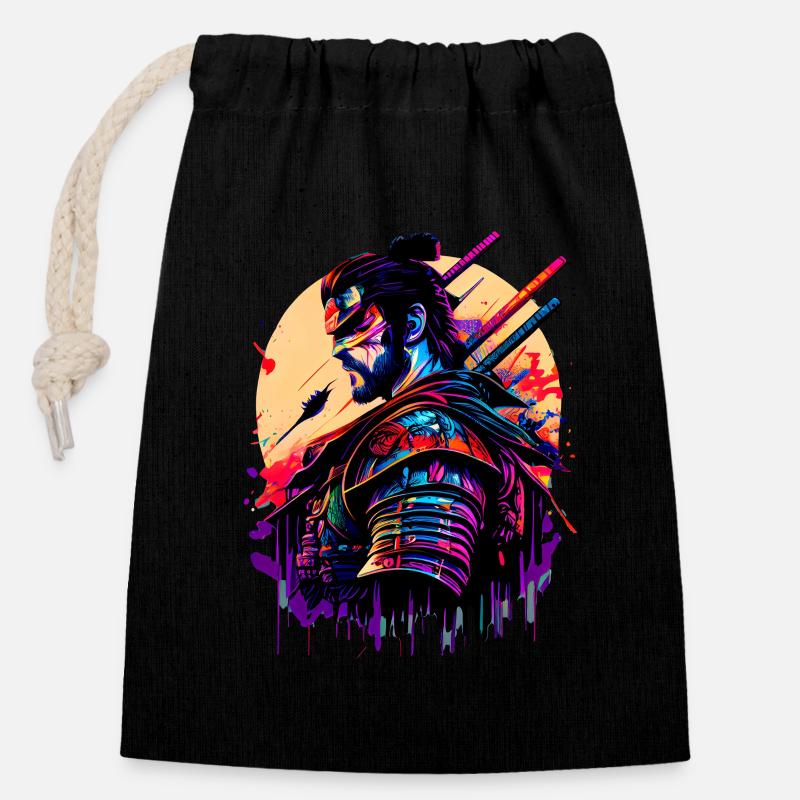 Illustration Samurai Krieger Japan - Verschließbarer Geschenkbeutel aus Baumwolle (14x20cm) - Schwarz