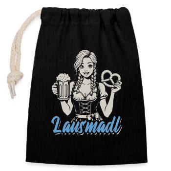 Lausmadl - Madl im Dirndl - Bier und Bretzel - Verschließbarer Geschenkbeutel aus Baumwolle (14x20cm) - Schwarz - Vorne