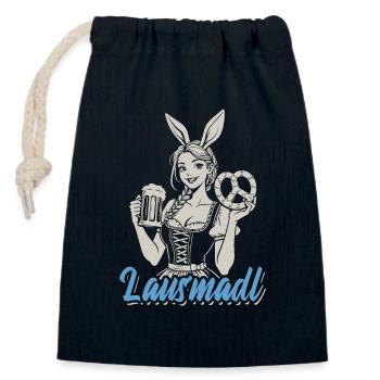 Lausmadl - Madl im Dirndl - Bier und Bretzel - Verschließbarer Geschenkbeutel aus Baumwolle (14x20cm) - Navy - Vorne