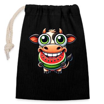 Cute cow bull cartoon with watermelon - Closable cotton gift bag (14x20cm) - black - Front