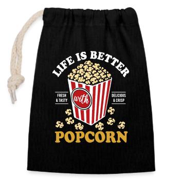 Life is better with Popcorn - knusprig & lecker - Verschließbarer Geschenkbeutel aus Baumwolle (14x20cm) - Schwarz - Vorne