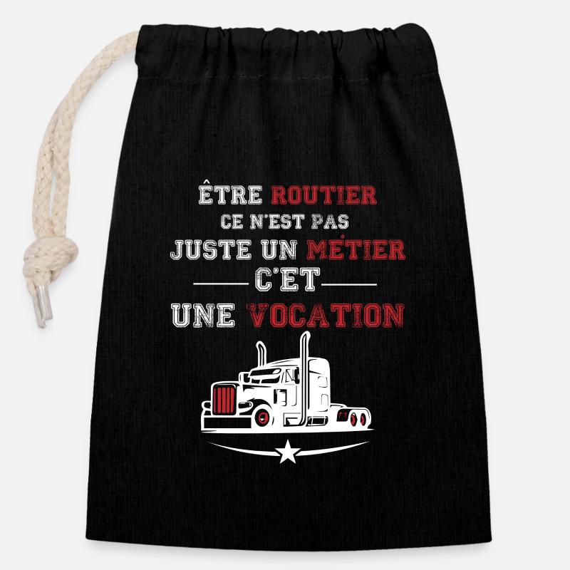 Routier vocation, cadeau chauffeur routier - Sac cadeau en coton avec cordon (14 x 20 cm) - noir