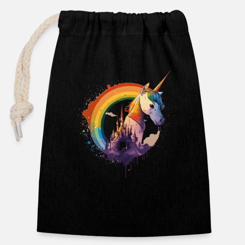 Licorne dans l’arc-en-ciel avec cadenas - Sac cadeau en coton avec cordon (14 x 20 cm) - noir