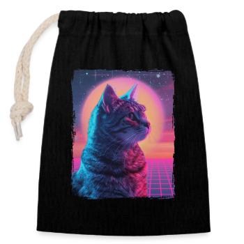 Funny Cute Retro Cat Animal 80s Neon Sun Fat Cat - Closable cotton gift bag (14x20cm) - black - Front