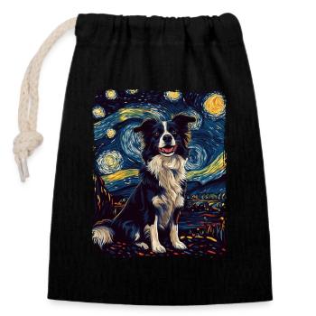 Border Collie chien animal étoilé ciel nocturne peinture - Sac cadeau en coton avec cordon (14 x 20 cm) - noir - Devant