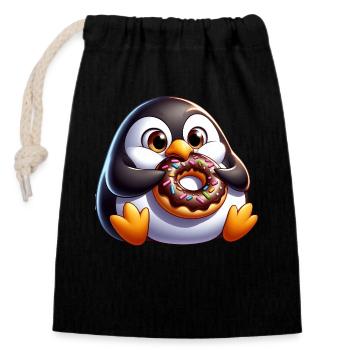 Mignon pingouin potelé avec beignet dessin animé - Sac cadeau en coton avec cordon (14 x 20 cm) - noir - Devant