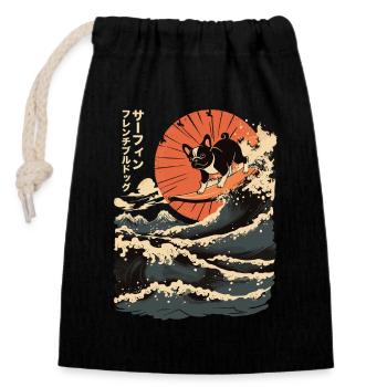 Bouledogue français Animal Japonais Surf Plage Vague - Sac cadeau en coton avec cordon (14 x 20 cm) - noir - Devant
