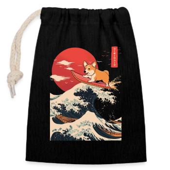 Corgi Hund Hund Tier Japanisch Surfen Strand Welle - Verschließbarer Geschenkbeutel aus Baumwolle (14x20cm) - Schwarz - Vorne