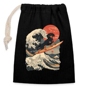 Dachshund Dog Animal Japanese Surfing Beach Wave - Closable cotton gift bag (14x20cm) - black - Front