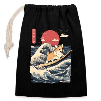 Corgi Hund Hund Tier Japanisch Surfen Strand Welle - Verschließbarer Geschenkbeutel aus Baumwolle (14x20cm) - Schwarz - Vorne