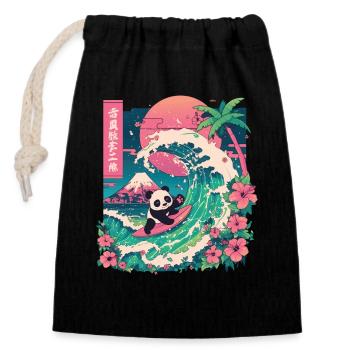 Panda Bear Animal Japanese Surfing Beach Wave - Closable cotton gift bag (14x20cm) - black - Front