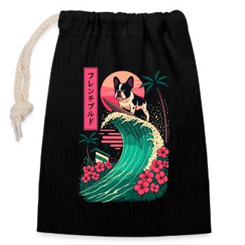 French Bulldog Dog Animal Japanese Surfing Flower - Closable cotton gift bag (14x20cm) - black - Front